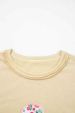 Pale Khaki Floral Applique Baggy Pullover Sweatshirt - Image 6