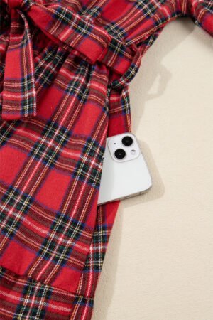 Red Christmas Plaid V Neck 3/4 Sleeve Tie Waist Ruffle Hem Long Dress - Image 5