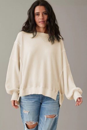 White Waffle knit Bishop Sleeve Split Oversized Top - Image 3