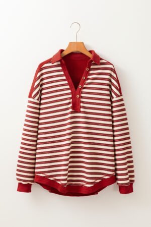 Red Stripe Buttoned V Neck Collared Drop Shoulder Top - Image 5