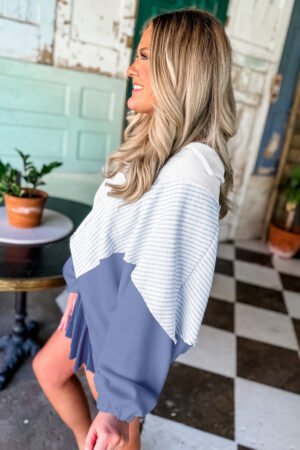 Light Grey Oversized Striped Colorblock Dolman Sleeve Collared Casual Top - Image 3