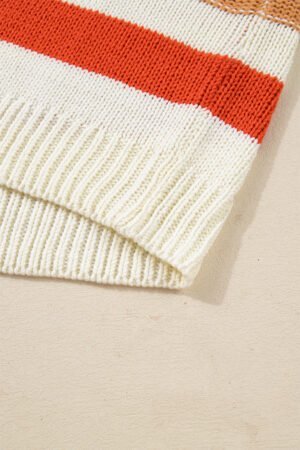 Pink Striped Colorblock Round Neck Drop Shoulder Sweater - Image 8