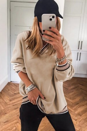 Parchment Varsity Contrast Striped Trim V Neck Sweatshirt - Image 3