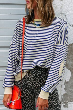 Blue Stripe Textured Elbow Patched Crew Neck Drop Shoulder Sweatshirt