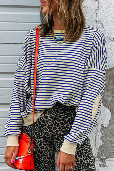 Blue Stripe Textured Elbow Patched Crew Neck Drop Shoulder Sweatshirt