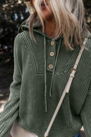 Mist Green Mineral Wash Ribbed Knit Button Drawstring Neck Hooded Sweater - Image 3