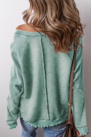 Mineral Blue Solid Waffle Knit Patchwork Raglan Sleeve Sweatshirt - Image 2