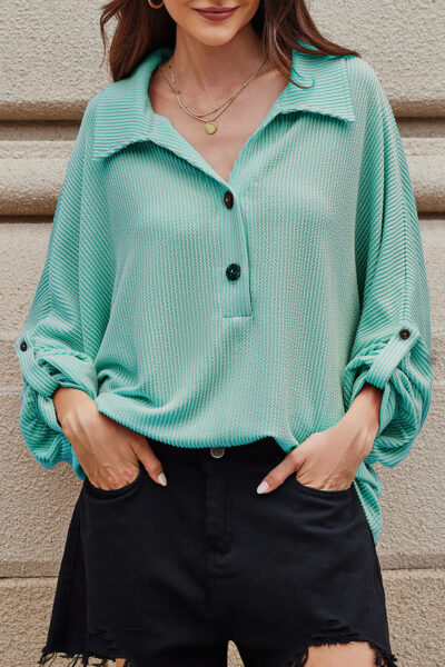 Light Blue Oversized Twist Ribbed Collared Henley Top with Roll up Sleeve