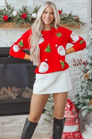Red Santa Claus Christmas Tree Patched Pattern Drop Shoulder Sweatshirt - Image 6