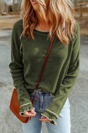 Green Textured Round Neck Long Sleeve Top - Image 4