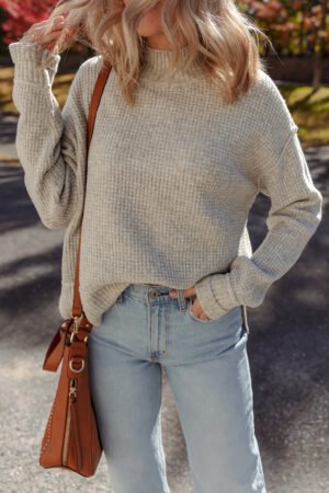 Gray Morn Waffle Texture Knit Ribbed High Neck Drop Shoulder Sweater - Image 5