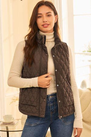 Dark Brown Flower Shape Quilted Snap Button Zip Up Winter Vest - Image 3