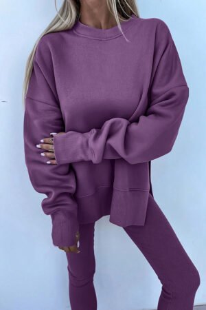 Orchid Mist Solid Color Oversize Slit Sweatshirt Ribbed Leggings 2pcs Set - Image 3