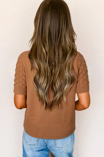 Straw Yellow Fish Scale Textured Knit Ribbed High Neck Short Sleeve Sweater