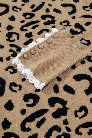 Brown Leopard Knitted Lacy Trim Cuffed Plus Size Sweater - Image 8