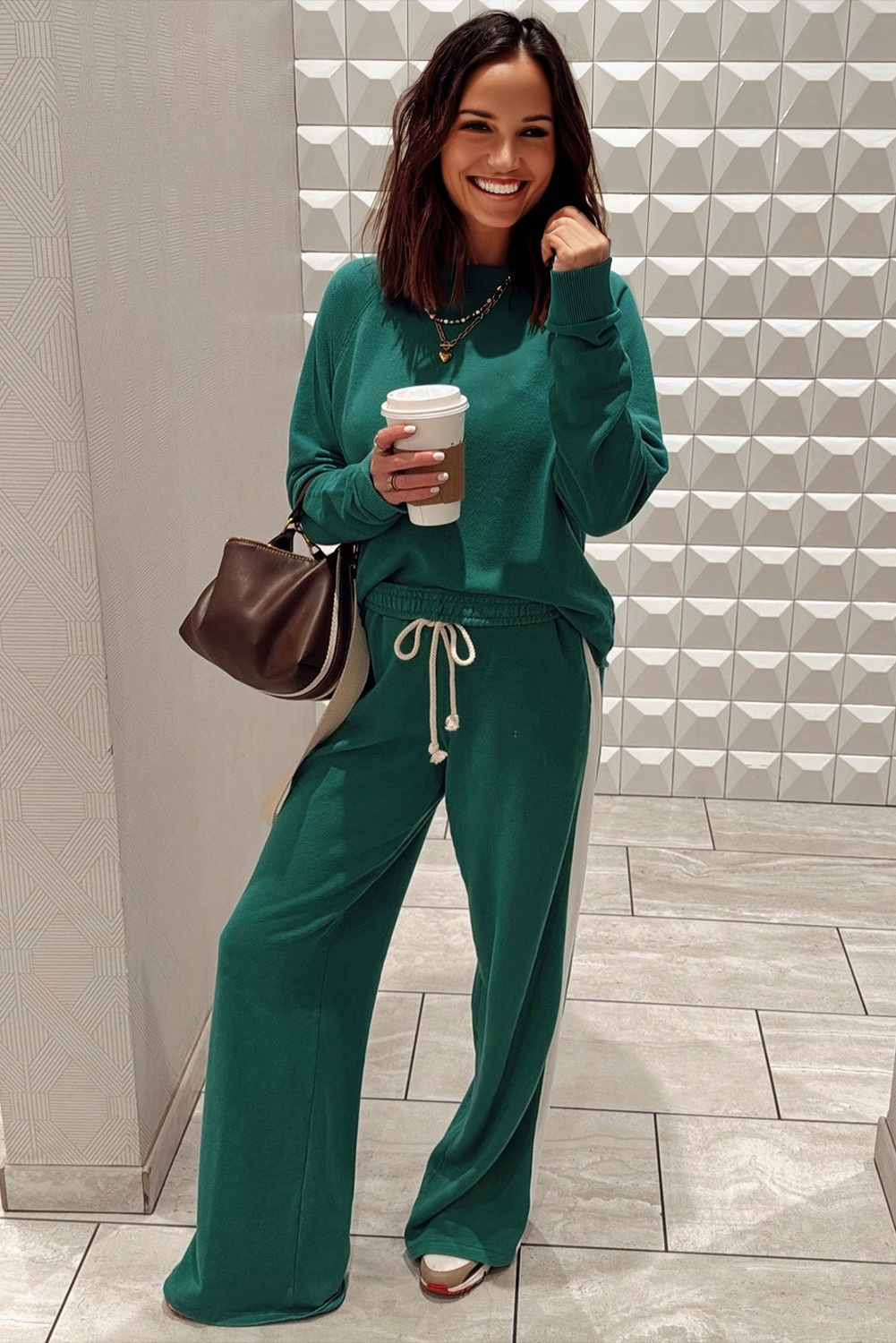Sea Green Solid Color Pullover Top Varsity Stripe Detail Loose Drawstring Pants Set Sea Green Solid Color Pullover Top Varsity Stripe Detail Loose Drawstring Pants Set