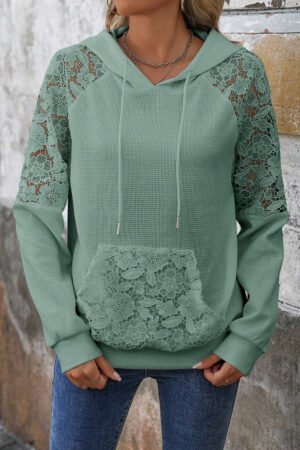 Smoke Green Lace Patchwork Raglan Sleeve Kangaroo Pocket Waffle Hoodie - Image 4