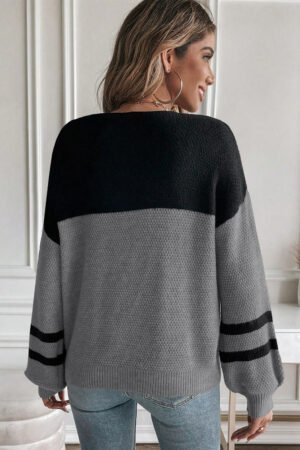 Medium Grey Color Block Knit Striped Sleeve Detail Casual Sweater - Image 2
