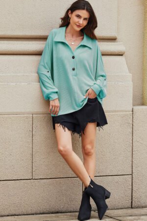 Light Blue Oversized Twist Ribbed Collared Henley Top with Roll up Sleeve - Image 5
