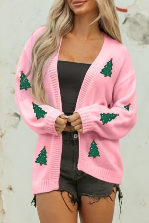 Light Pink Christmas Tree Print Open Front Drop Shoulder Midi Cardigan - Image 5