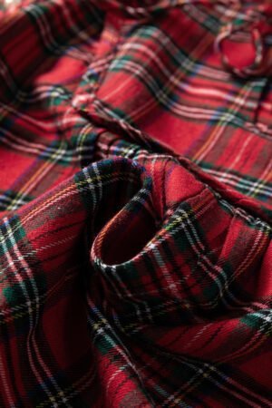 Red Festive Plaid Pearl Embellished Ruffle Short Sleeve Blouse - Image 8