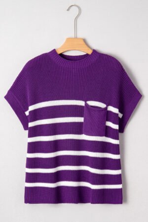 Purple Stripe Raw Edge Patched Pocket Short Sleeve Knit Sweater - Image 5