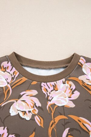 Brown Floral Print Waffle Textured Long Sleeve Top - Image 7
