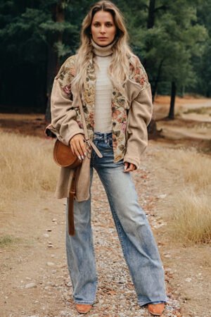 Khaki Floral Waffle Knit Patchwork Chest Pockets Buttoned Jacket - Image 2