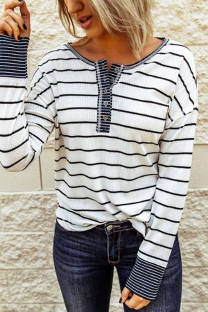 Striped Color Block Buttoned Waffle Knit Shirt - Image 4