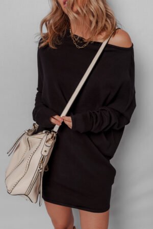 Black Asymmetric Neck Batwing Sleeve Shift Mini Sweater Dress - Image 5