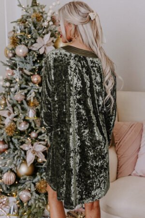Alternative view of Jungle Green Velvet Long Sleeve V Neck Loose Dress with Pockets