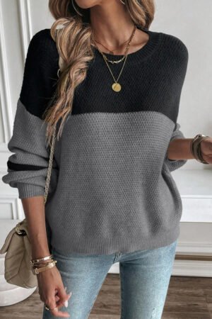 Medium Grey Color Block Knit Striped Sleeve Detail Casual Sweater - Image 5