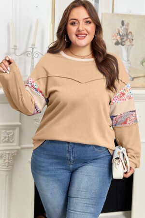 Khaki Exposed Seam Floral Mixed Patchwork Relaxed Plus Size Top - Image 3