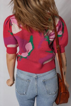 Alternative view of Red Floral Abstract Print Short Puff Sleeve Sweater