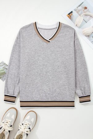 Gray Varsity Contrast Striped Trim V Neck Sweatshirt - Image 5