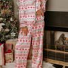 White Christmas Pattern Print Shirt Style Long 2pcs Pajama Set