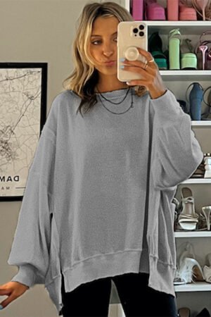 Gray Waffle knit Bishop Sleeve Split Oversized Top - Image 4