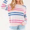 Khaki Stripe Eyelet Patterned Drop Shoulder Sweater