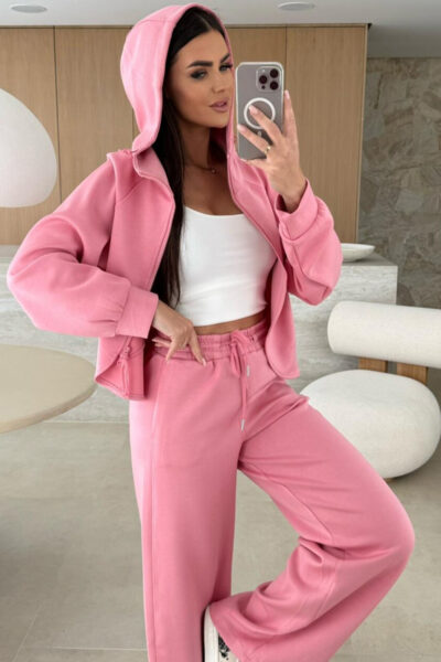 Pink Solid Color Zip Up Hoodie Drawstring Loose Pants Set