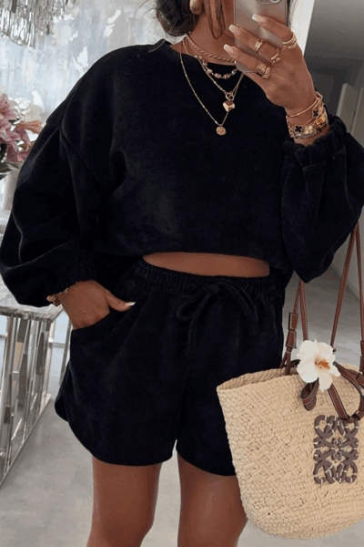 Black Solid Color Textured Knit Drop Shoulder Pullover Drawstring Shorts Set