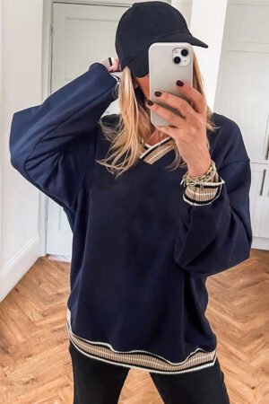 Navy Blue Varsity Contrast Striped Trim V Neck Sweatshirt - Image 2
