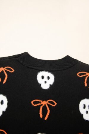 Black Short Puff Sleeve Bow Knot Plush Skeleton Halloween Sweater - Image 9