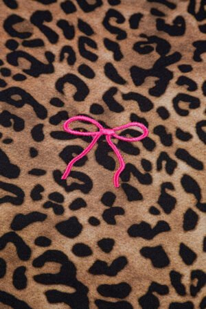 Coffee Leopard Print Contrast Trim Long Sleeve Top and Pants Set - Image 10