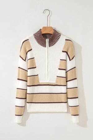 Khaki Stripe Half Zip Drop Shoulder Womens Sweater - Image 3