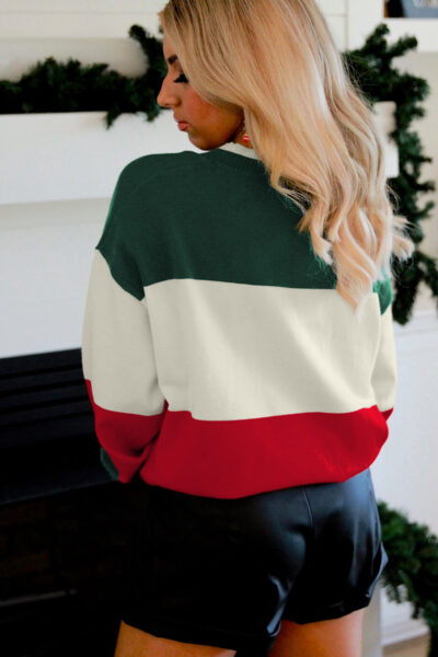 Green Sequined HOLLY JOLLY Color Block Crew Neck Sweater
