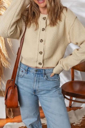 Beige Button Front Cropped Cardigan Sweater - Image 8