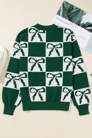 Blackish Green Checkered Bow Print Casual Sweater - Image 4