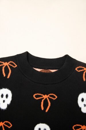 Black Short Puff Sleeve Bow Knot Plush Skeleton Halloween Sweater - Image 6