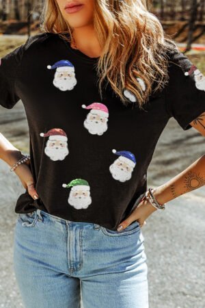 Black Sequin Patched Father Christmas Graphic T Shirt - Image 6
