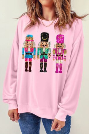 Pink Cute Nutcracker Printed Drop Shoulder Christmas Sweatshirt - Image 2